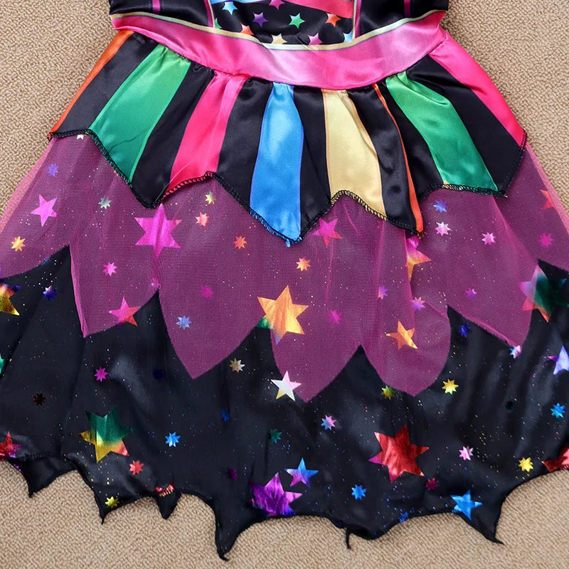 Halloween Children's Witch Dress - Comes with Hat, Halloween Role Playing Costume,Colorful Star Pattern Printed Carnival Costume Good Vibrations