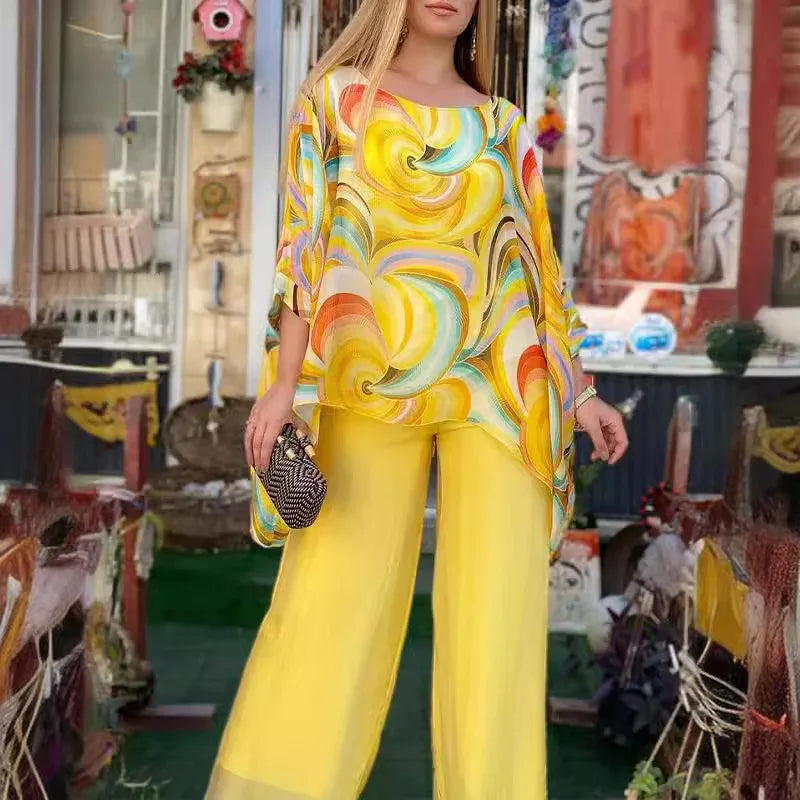 Women Fashion Trousers Two Piece Set For Women 2024 Summer Loose Casual Print Blouse Elegant 2 Piece Sets Woman Tops+Pants Suit Good Vibrations
