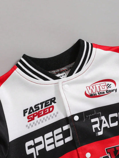 Spring And Autumn Motorcycle Racing Clothing Letter Pattern Printed Red White Black Patchwork Style Trend Outdoor Baby Boy Coat Good Vibrations