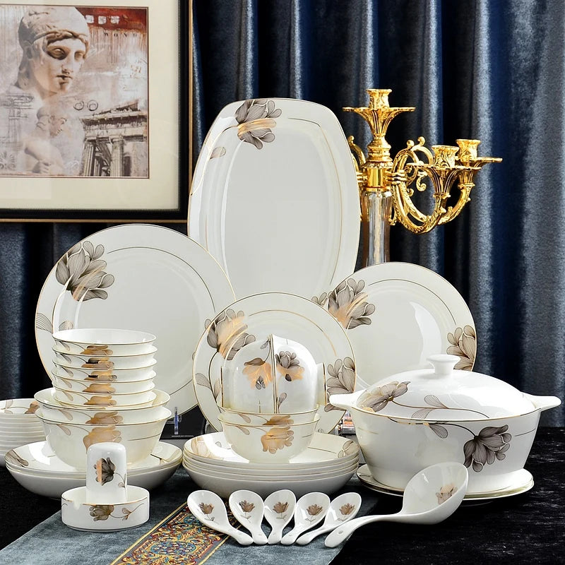 46pcs set, find bone china dinnerware set, gold leaf design, pocelain korean kitchen, christmas plate set, gold dinner plate set Good Vibrations