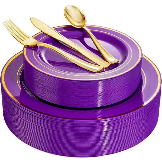 200PCS Halloween Purple Gold Plastic Plates with Gold Plastic Silverware,Purple Plastic Dinnerware Good Vibrations
