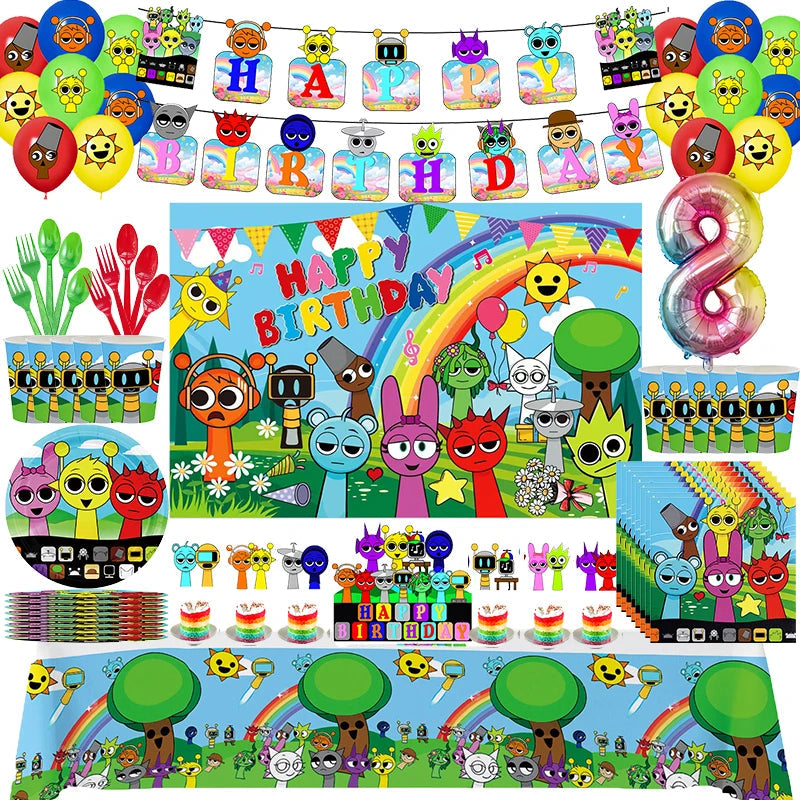 Incredibox sprunki Birthday Party Decorations Cake Topper Balloons Tablecloth Cups Plates Kids Birthday Party Supplies Good Vibrations