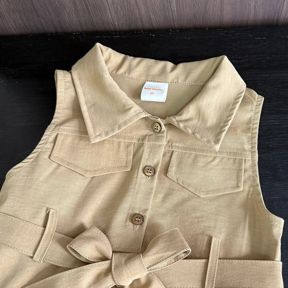 Korean Version Khaki Girls Casual Dresses Sleeveless Flip Collar Workwear Kids Dress Summer New Solid Color Children's Clothing Good Vibrations