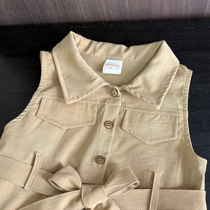 Korean Version Khaki Girls Casual Dresses Sleeveless Flip Collar Workwear Kids Dress Summer New Solid Color Children's Clothing Good Vibrations