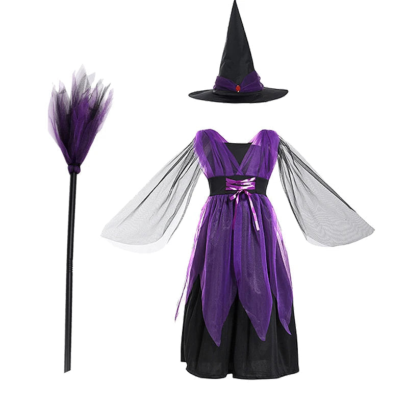 Halloween Costume for Girls Witch Vampire Carnival Party Dress Up Trappings Kids Cosplay Clothes Purple Bat Suit Holiday Gifts Good Vibrations