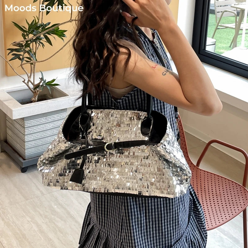 Sequined Underarm Shoulder Evening Tote Bags For Women Shiny Big Capacity Shopper Totes Nightclub Party Luxury Designer Handbags Good Vibrations