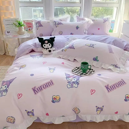 Sanrio Kids Bedding Set Kuromi Cinnamoroll Mymelody Duvet Cover Bed Sheet Pillowcase Bedsheet Double Single King Queen Twin Size Good Vibrations