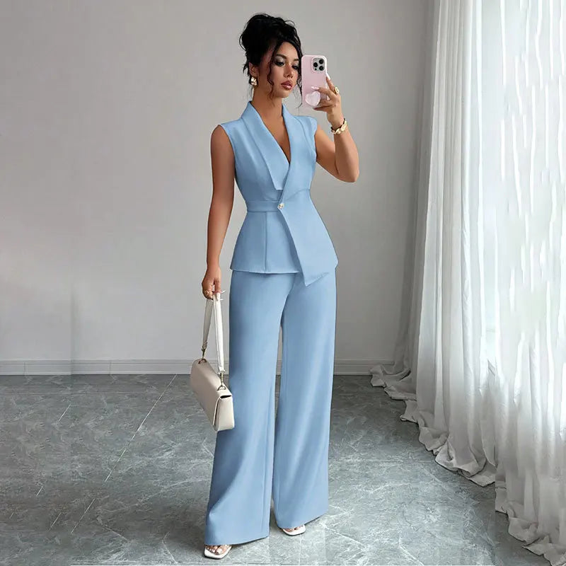 Women's Elegant 2 Piece Outfit Sleeveless V-Neck Single Button Blazer Vest and Wide Leg Pants Set Business Office Workwear Sui Good Vibrations