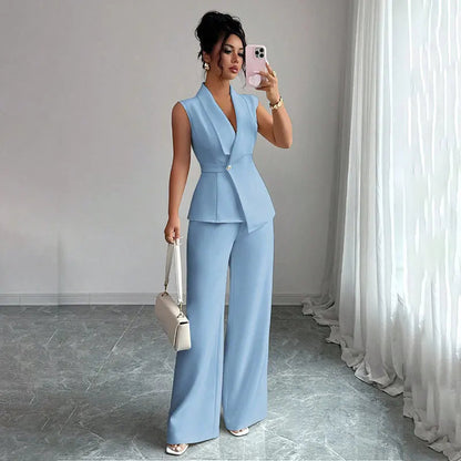 Women's Elegant 2 Piece Outfit Sleeveless V-Neck Single Button Blazer Vest and Wide Leg Pants Set Business Office Workwear Sui Good Vibrations