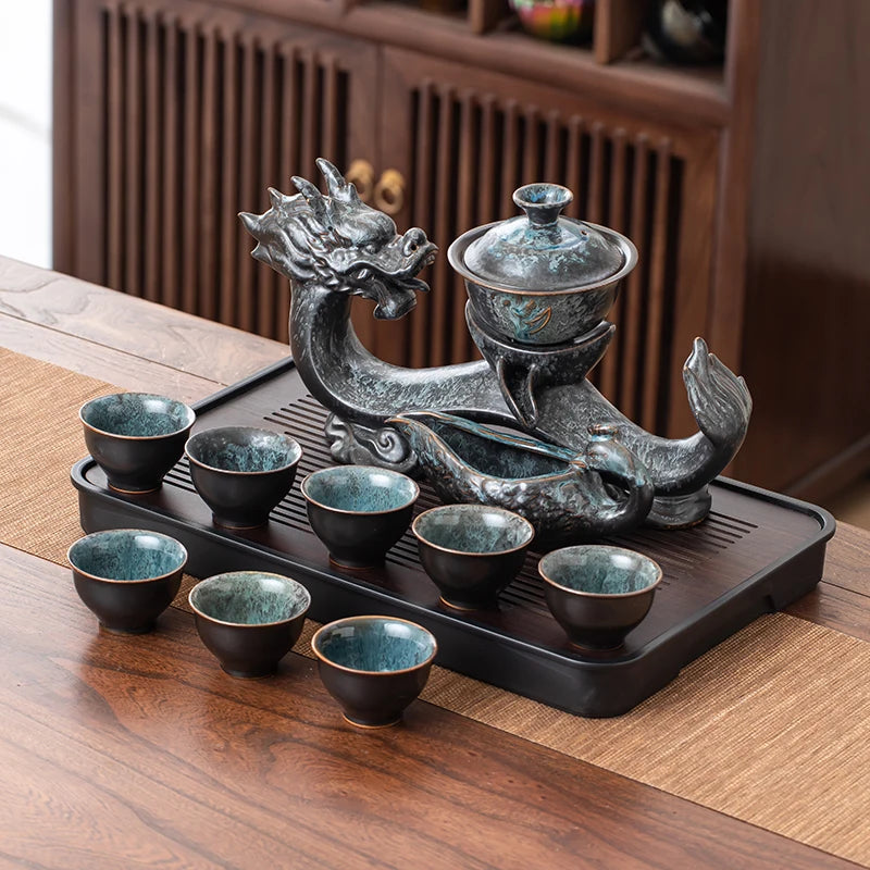 1 Set of Rotating Teapot, Ceramic Kiln Turned Ruyi Dragon-Shaped Teapot Set, Teapot with 8 Teacups, Without Tea Tray, Semi-Automatic Tea Set, Lazy Kung Fu Tea Set, All in One Coffee Drink Set, Novelty Tea Gift Good Vibrations