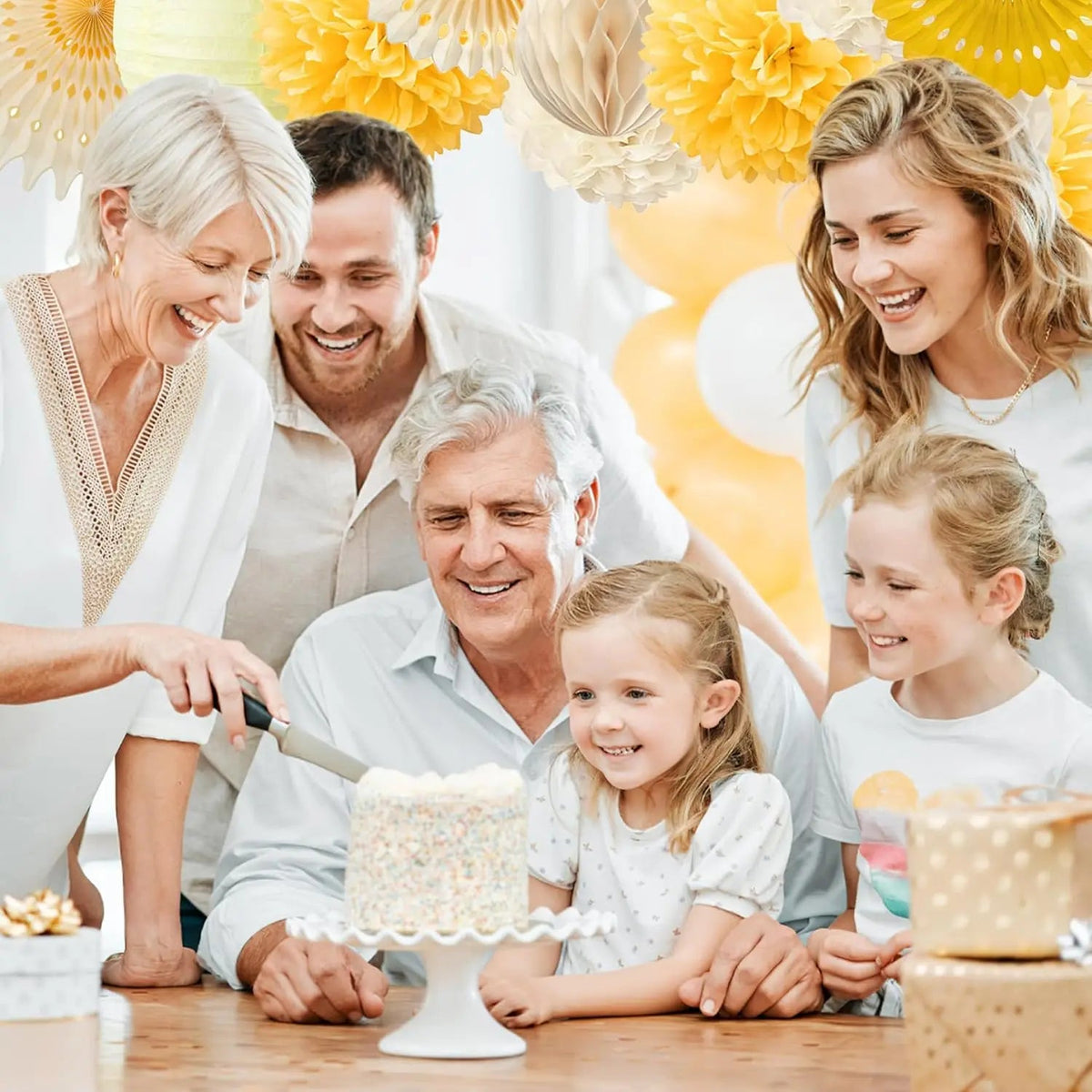 Yellow Party Decorations Yellow and Cream Paper Fans Paper Lanterns Pom Poms Flowers for Baby Shower Birthday Wedding Party Good Vibrations