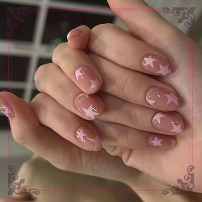 Pink Stars Nude Color Chic Delicate Wearable Nail Art Y2K Fashion Short False Nails Detachable Finished Fake Nails Press on Nail Good Vibrations