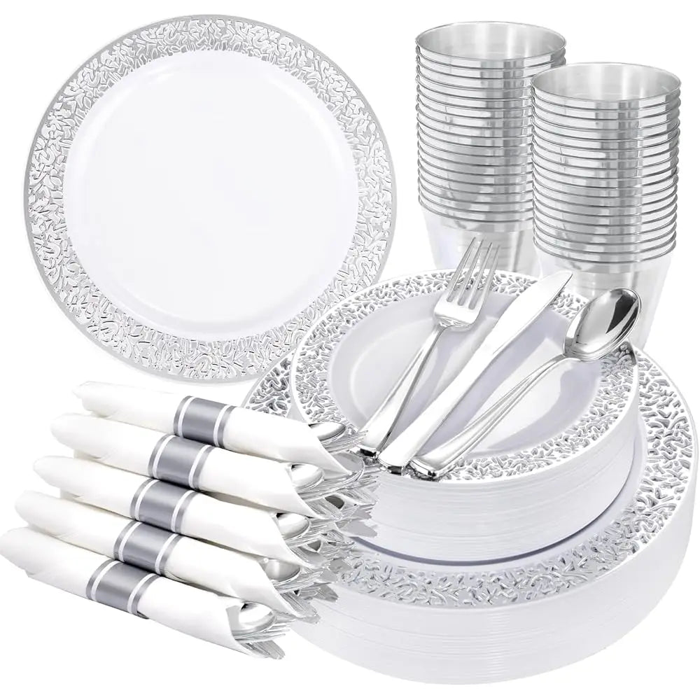 175Pcs Silver Dinnerware Sets, Lude:25 Dinner Plates, 25 Dessert Plates, 25 Paper Napkins, 25 Cups, 75 Silver Silverware Set Good Vibrations