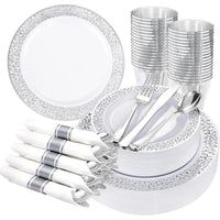 175Pcs Silver Dinnerware Sets, Lude:25 Dinner Plates, 25 Dessert Plates, 25 Paper Napkins, 25 Cups, 75 Silver Silverware Set Good Vibrations