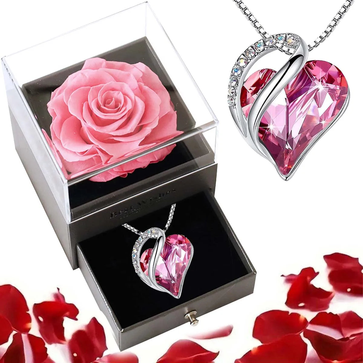 New Hot Selling Valentine's Day Gift Ocean Heart Love Necklace with Eternal Rose Jewelry Box For Girl Mother's Day Gifts Good Vibrations