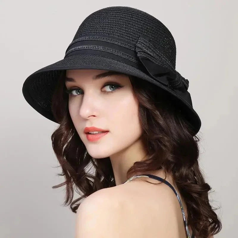 Muchique Boater Hats for Women Summer Sun Straw Hat Wide Brim Beach Hats Girl Outside Travel Straw Cap Casual Bow Hat Good Vibrations
