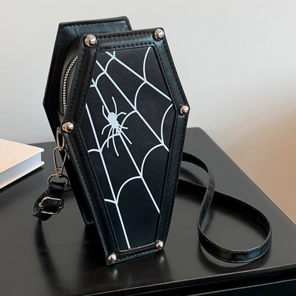 Women Crossbody Bag Large Capacity Coffin Shape Phone Shoulder Bag Halloween PU Top Handle Bag for Travel Make Up Cosmetic Bag Good Vibrations