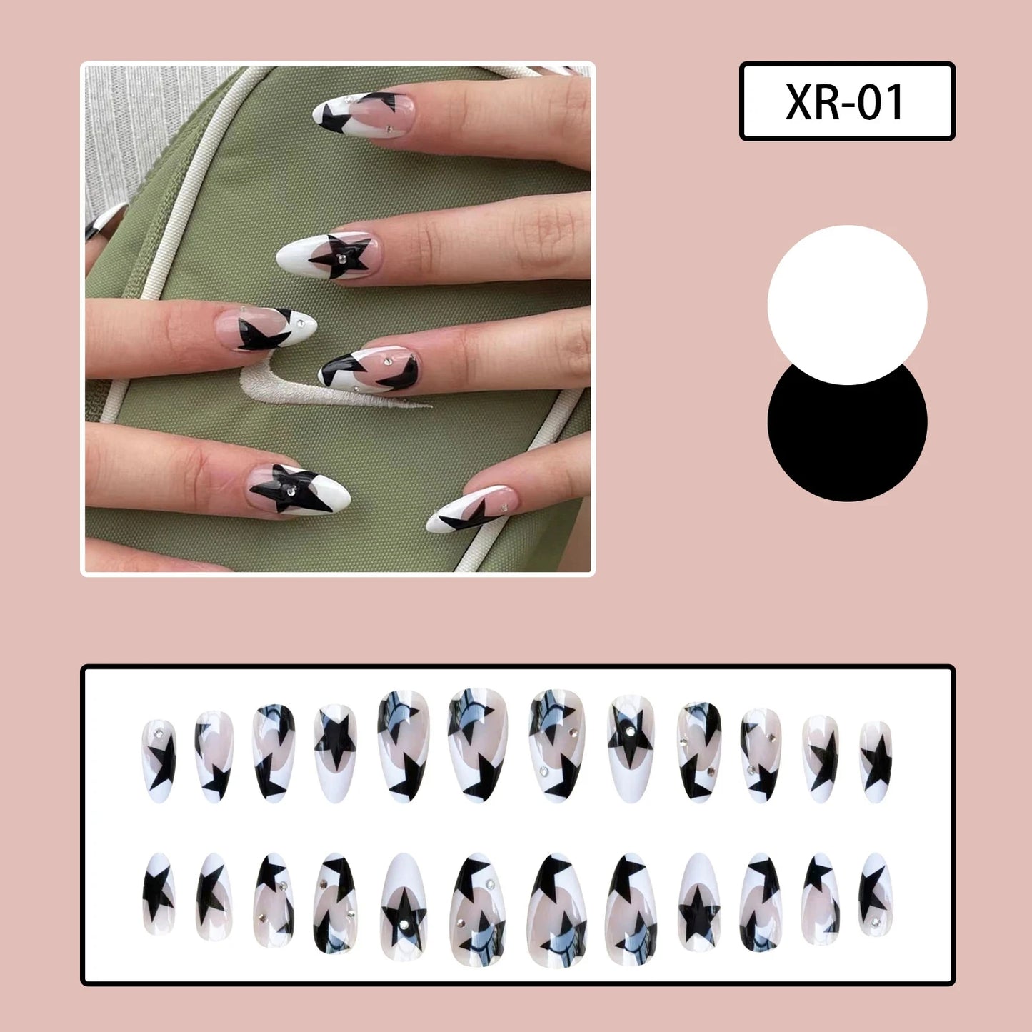 24pcs y2k Fake Nails Black White Star Printed Press on Nail Tips Long Coffin European Artificial Nail Patch for Girl Women Good Vibrations