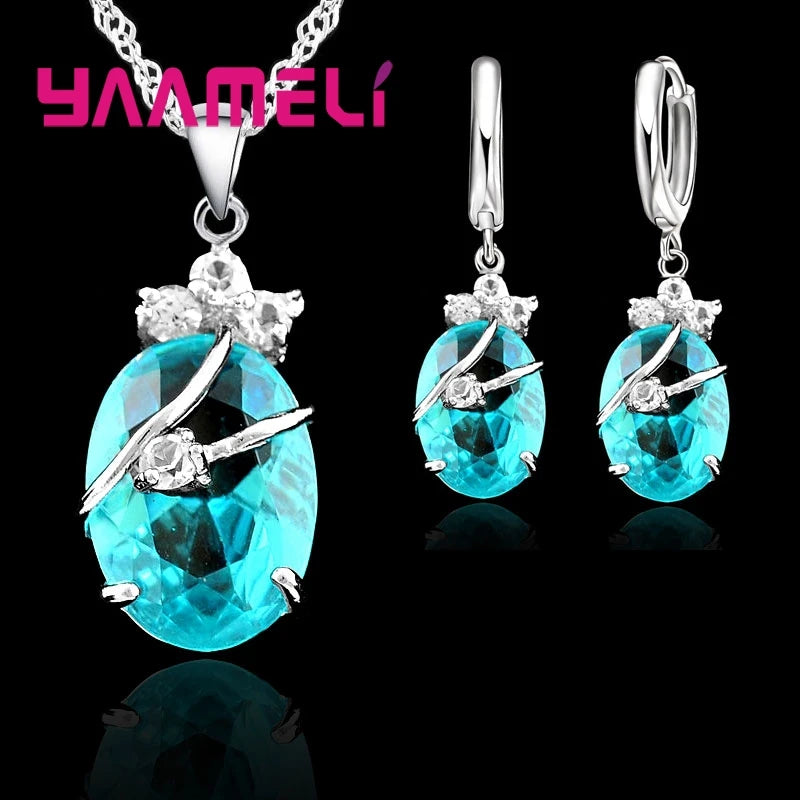 New Fashion Vintage Jewelry Sets For Women 925 Sterling Silver Crystal Stone Pendant Charms Wedding Necklace Hoop Earrings Good Vibrations Adult Super Store