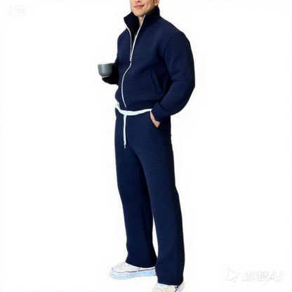 Fall Men's Fashionable Sporty Casual Suit - High-Quality Stand-Up Collar Solid-Color Pullover with Zipper, Drawstring Pants Good Vibrations