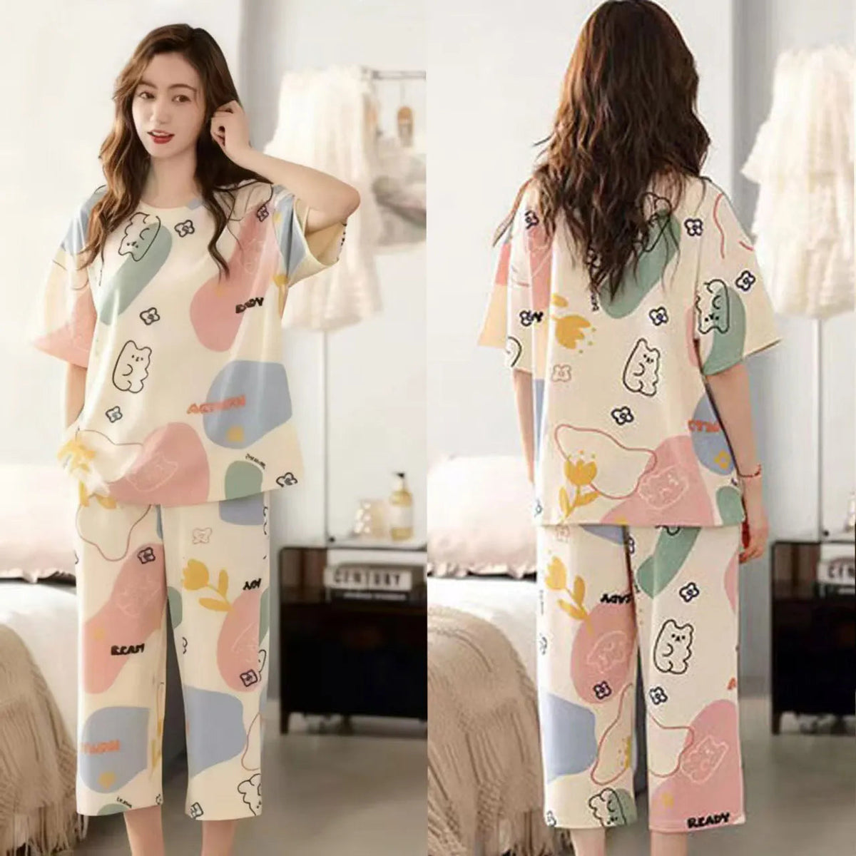 2-piece Set Women Cartoon Casual Homewear Clothes Girls Sleepwear Women Summer Short-sleeve Three-quarter Pants Pajama Set Good Vibrations