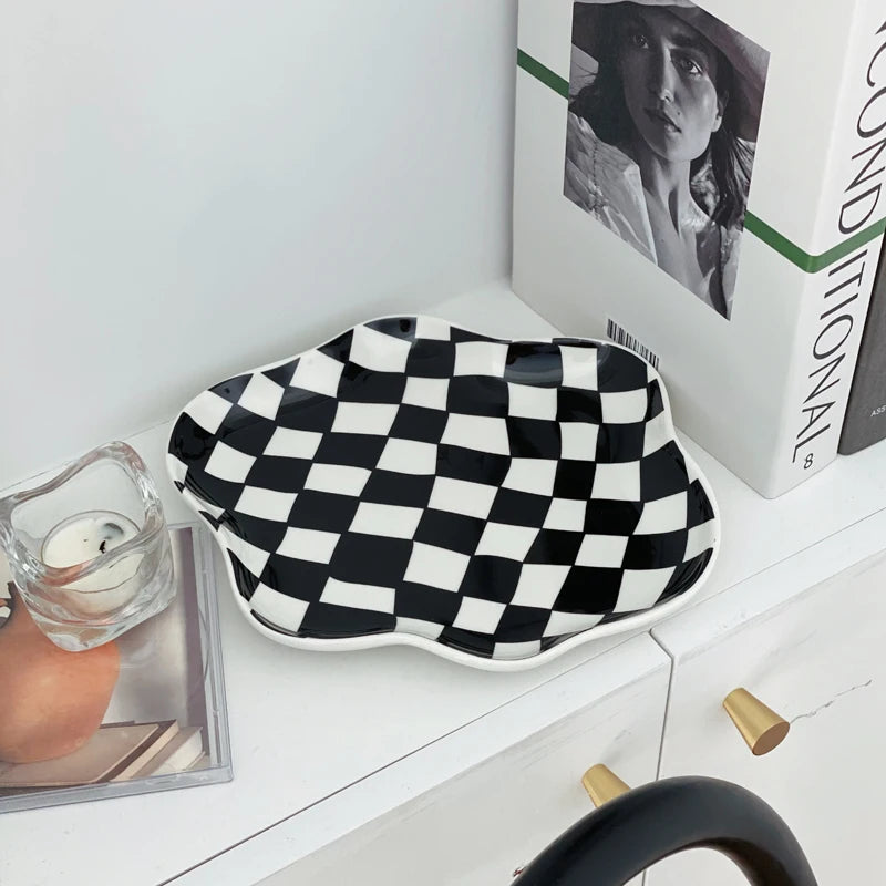 European Chessboard Ceramic Plate Black and White Checkered Irregular Tableware Dinner Plate Dinner Set Plates and Dishes Good Vibrations