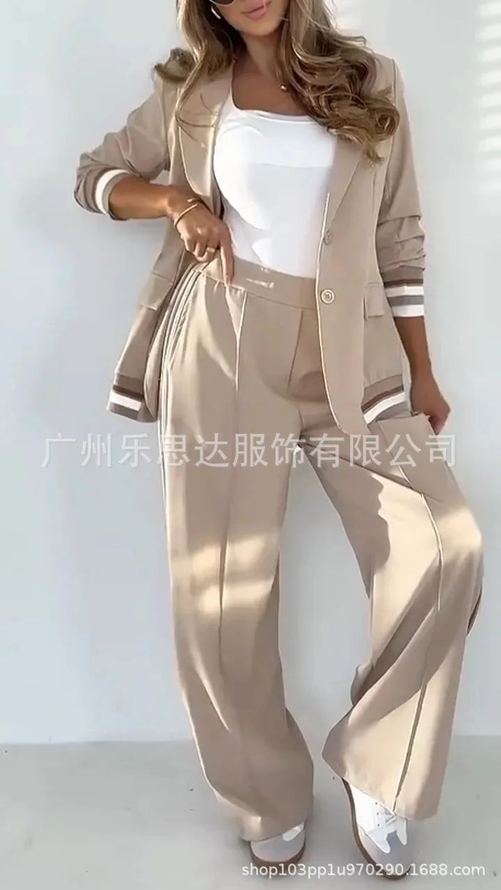 Women Suit Jacket 2 Piece Sets Striped Blazer Coat Turn Down Collar Single Breasted Wide Leg Pants Ensemble Office Lady Outfits Good Vibrations