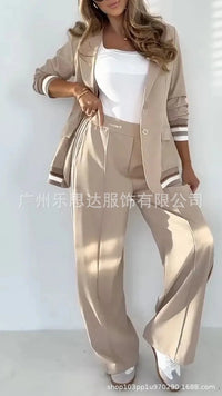 Women Suit Jacket 2 Piece Sets Striped Blazer Coat Turn Down Collar Single Breasted Wide Leg Pants Ensemble Office Lady Outfits Good Vibrations