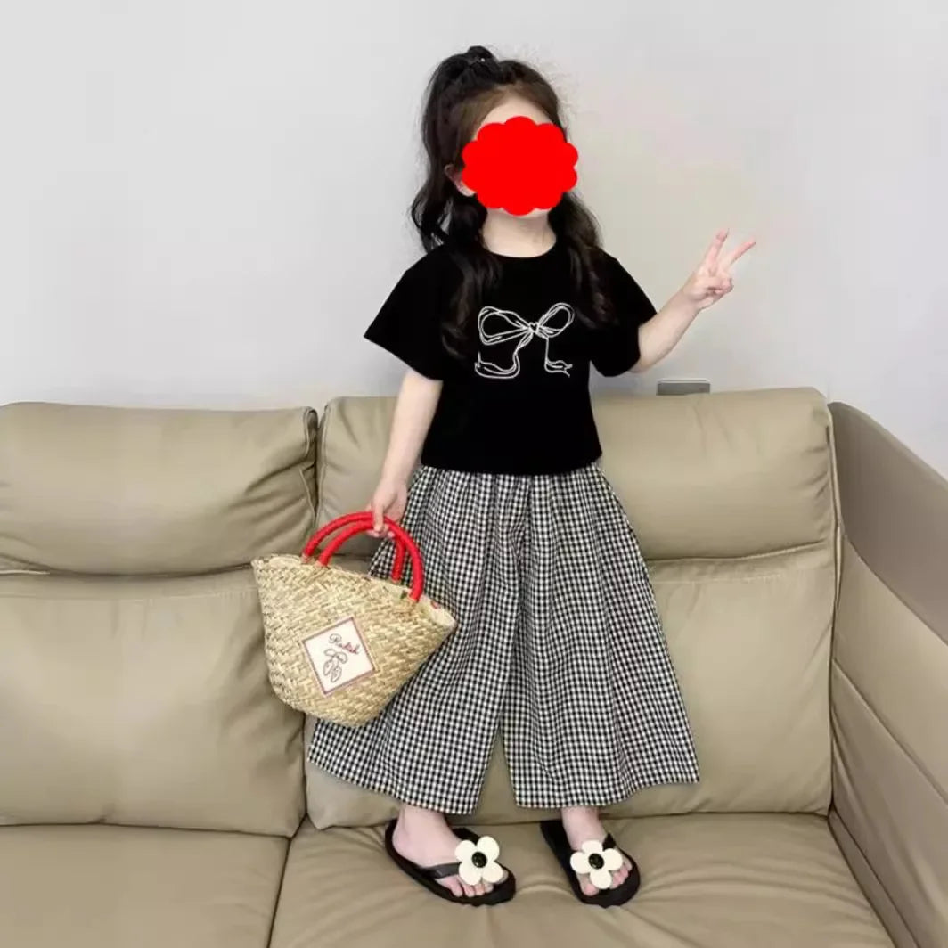 Children's Clothing Sets Bow-Patterned Polo Shirt + Tartan Palazzo Trousers 2pcs Sets Baby Girl Outfit Set Toddler Girl Clothes Good Vibrations