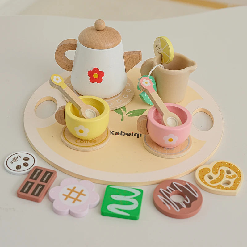 Wooden Kitchen Play Toys Kitchen Simulation Tea Set Afternoon Tea Activity Games Pretend Play Kitchen Accessories Toy for Kids Good Vibrations