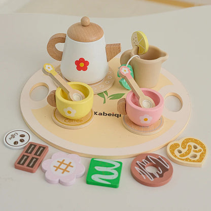 Wooden Kitchen Play Toys Kitchen Simulation Tea Set Afternoon Tea Activity Games Pretend Play Kitchen Accessories Toy for Kids Good Vibrations
