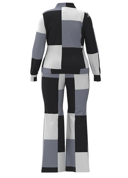 Two Piece Set Women Outfit 2023 Autumn Fashion Geometric Print Stand Collar Long Sleeve Zip Up Top & Casual Sporty Pants Set Good Vibrations