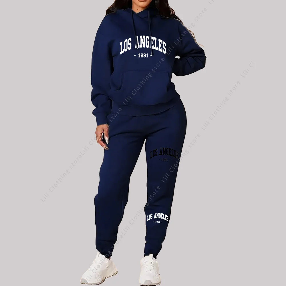 Women Sets Hoodies Pants 2 Piece Outfits Aesthetic Sportswear Sweatsuit Los Angeles Letter Print Suit Ladies Tracksuit Plus Size Good Vibrations
