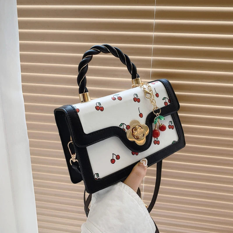 Sweet Crossbody Bag Fashion Cherry Print Top-Handle Ladies Luxury Square Shoulder Bag Women High Quality Sling Purse Good Vibrations