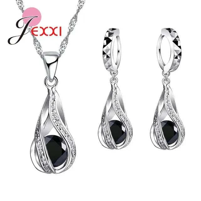 8 Colors Best Gift for Women Girls Friends 925 Sterling Silver Jewelry Set CZ Cubic Zircon Water Drop Necklace Dangle Earrings Good Vibrations Adult Super Store