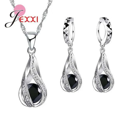 8 Colors Best Gift for Women Girls Friends 925 Sterling Silver Jewelry Set CZ Cubic Zircon Water Drop Necklace Dangle Earrings Good Vibrations Adult Super Store
