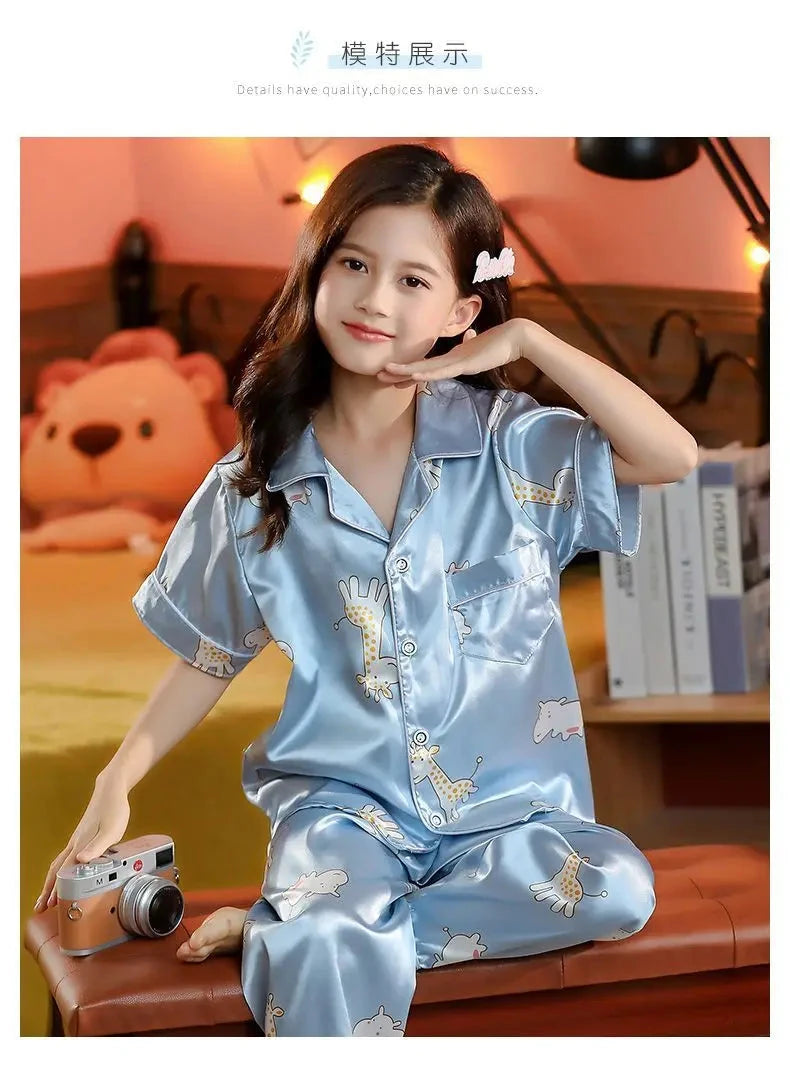 New Kids Spring Autumn Silk Satin Pajamas Set Girls Cartoon Button-Down Long Sleeve 2 Pieces Tops+Pants Sleepwear Pyjama Clothes Good Vibrations