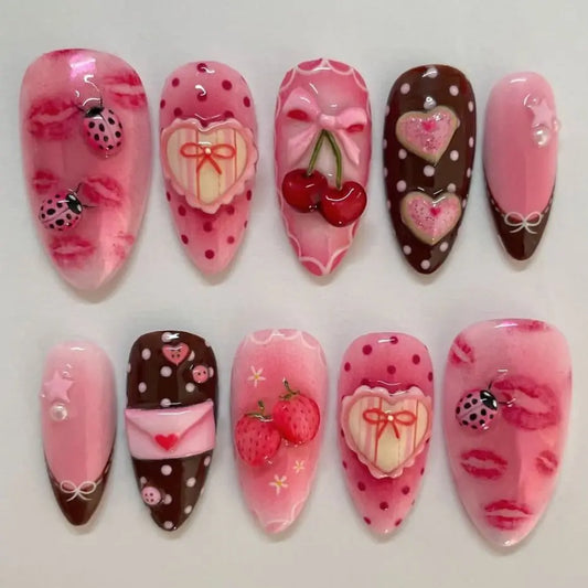 24pcs Sweet Letter Press On Nails Cute Cherry Bowknots Ladybug Strawberry Decor False Nails Blush Pink Almond Fake Nail For Girl Good Vibrations