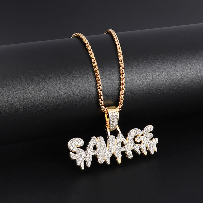Hip Hop Ice Out Square Crystal S-A-V-A-G-E Letter Pendant Necklace for Men and Women Street One Last Party Trendy Jewelry Gift Good Vibrations