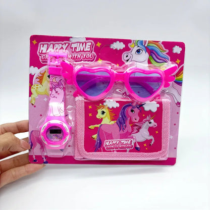 Fashion 3ps Unicorn Hello Kitty Girls Watch Kids with Wallet Glasses Cartoon Spiderman Watch Children Clock Toys set Good Vibrations