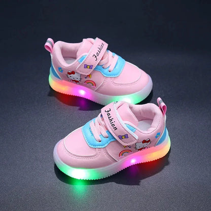Sanrio LED Kids Shoes for Girls Cute Cartoon Hello Kitty Shoes Summer Girl Kawaii Shoes Soft Bottom Sneakers Casual Shoes Good Vibrations