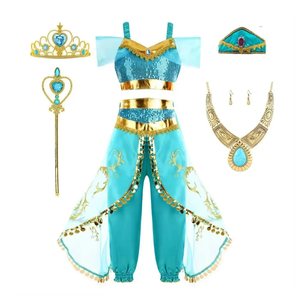 Jasmine Girls Aladdin Costume Halloween Princess Dress Kids Birthday Party Christmas Arabian Cosplay 4 5 6 7 8 9 10 Years Good Vibrations