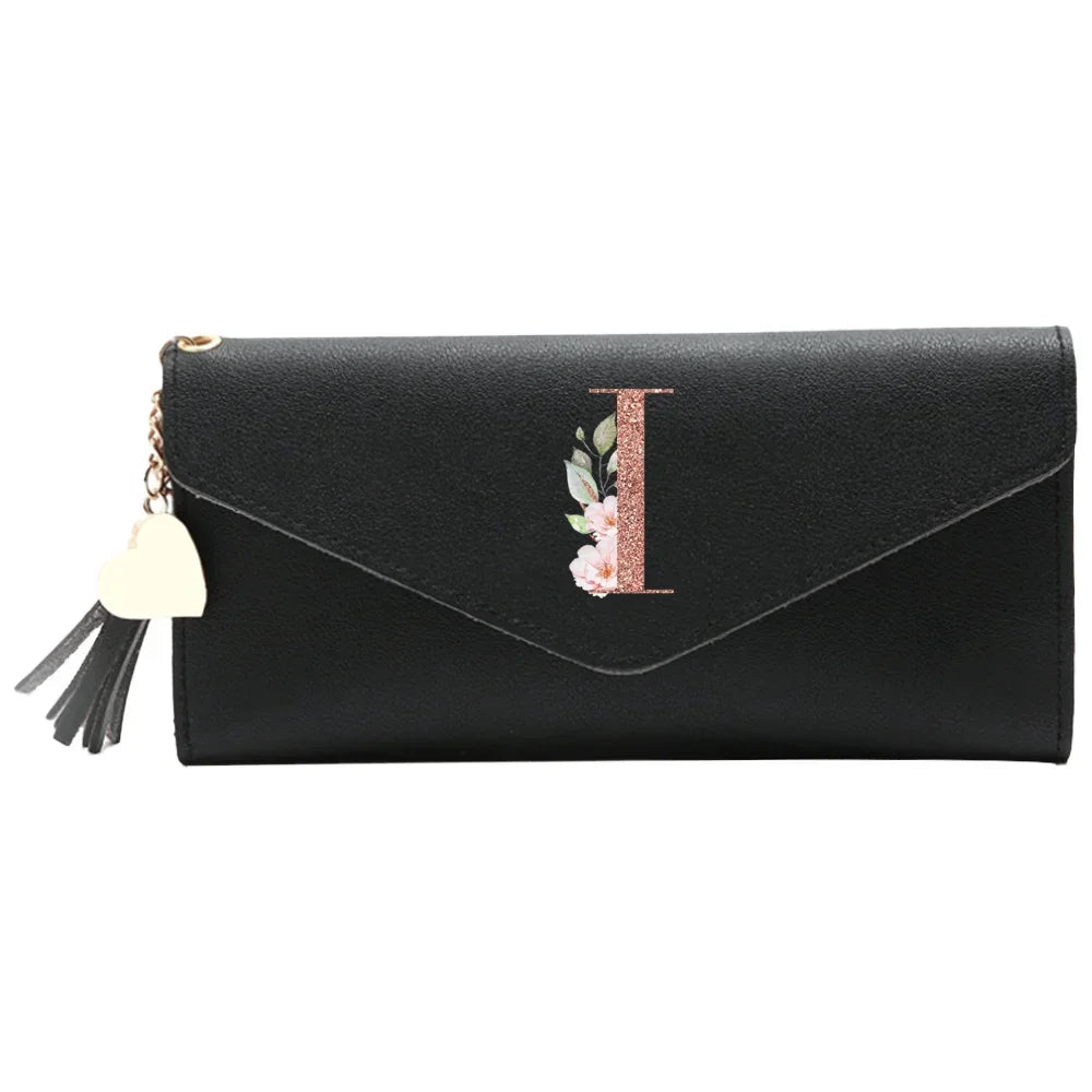 Wallet Black Small Leather Coin Purse Rfid Blocking Wallet Rose Gold Pattern Mini Purse with ID Window for Women Good Vibrations