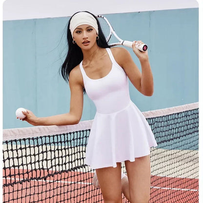 Women Tennis Dress One-Pieces Slim Fit Soft Sports Sets Golf Badminton Skorts Back Cross Tracksuits With Chest Pads Yoga Suits O Good Vibrations