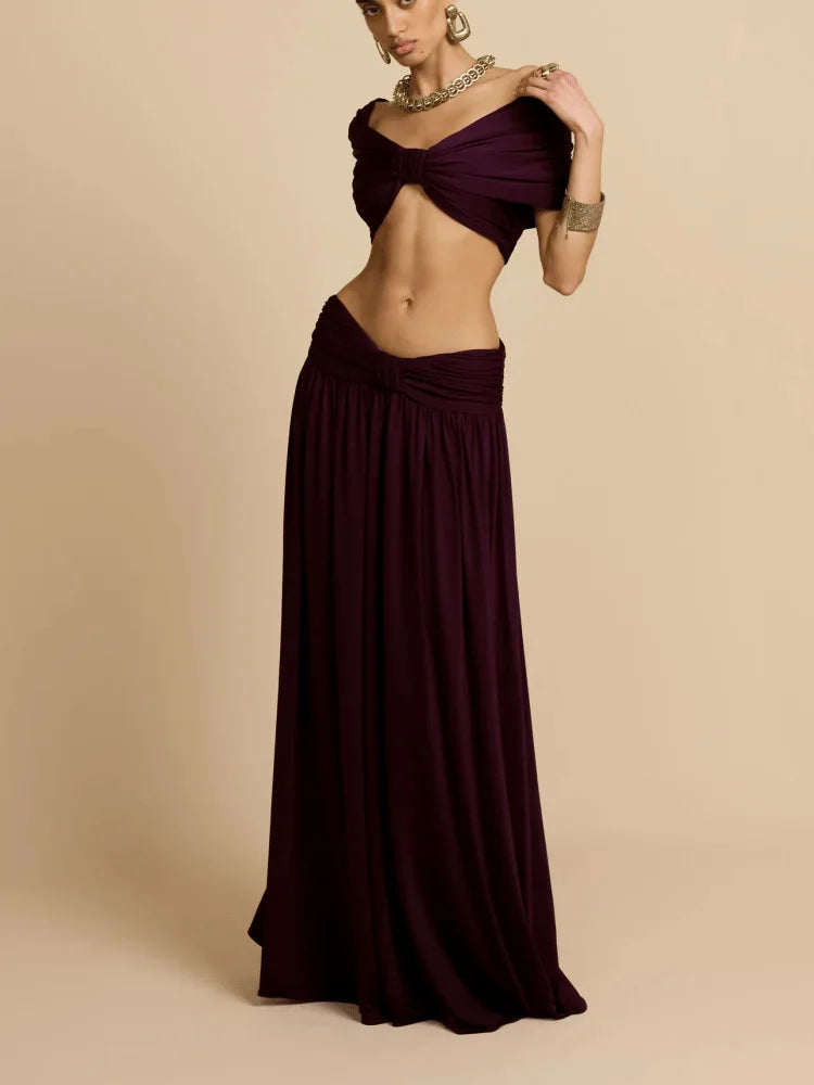 Women's Elegant 2 Piece Outfit | High Waist Draped Long Skirt & Off Shoulder Sleeveless Crop Top for Party Daily Good Vibrations