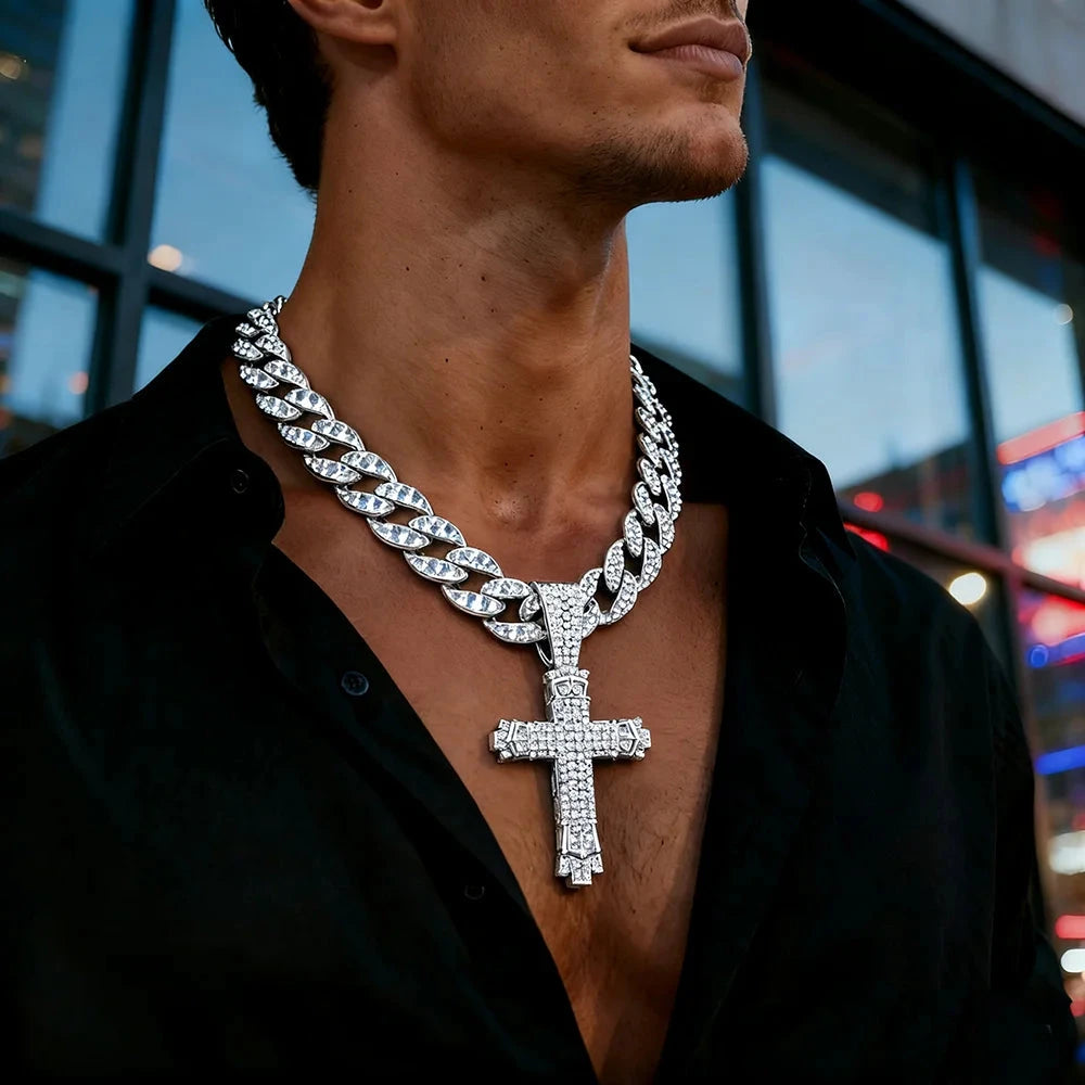 Cross Cross Pendant Necklace For Men Hip Hop Cuban Chain Bling Jewelry With Crystal Miami Cuban Chain fashion jewelry Good Vibrations