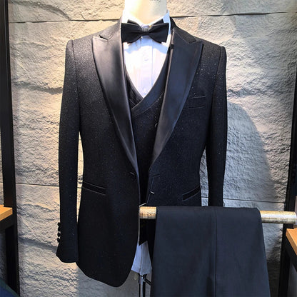 Luxury man suits high quality 3 pieces littering rhinestone embellishment Wedding Dress Shining flash diamond Tuxedo Dinner Suit Good Vibrations