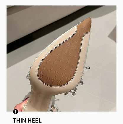 Comemore 2025 White Wedding Bridesmaid Shoes Satin Fashion Rhinestone Fringe Chain High Heels Black Temperament Elegance Pumps Good Vibrations