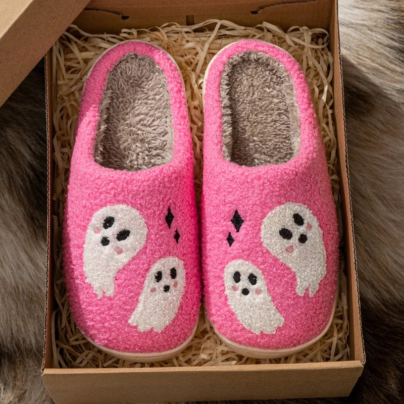 Halloween Slippers Women's Winter Pink Cute Ghost Indoor Cartoon Comfort Home Bedroom Soft Causal Flat Plush Shoes for Gift Good Vibrations