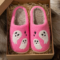 Halloween Slippers Women's Winter Pink Cute Ghost Indoor Cartoon Comfort Home Bedroom Soft Causal Flat Plush Shoes for Gift Good Vibrations